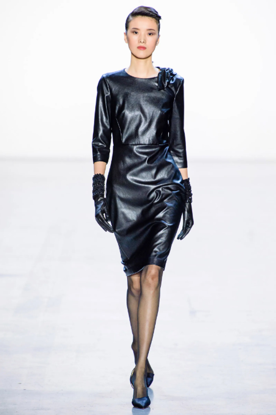 Badgley Mischka Faux Leather Sheath Dress 8 Knot Detail READ 3/4 Sleeve Black